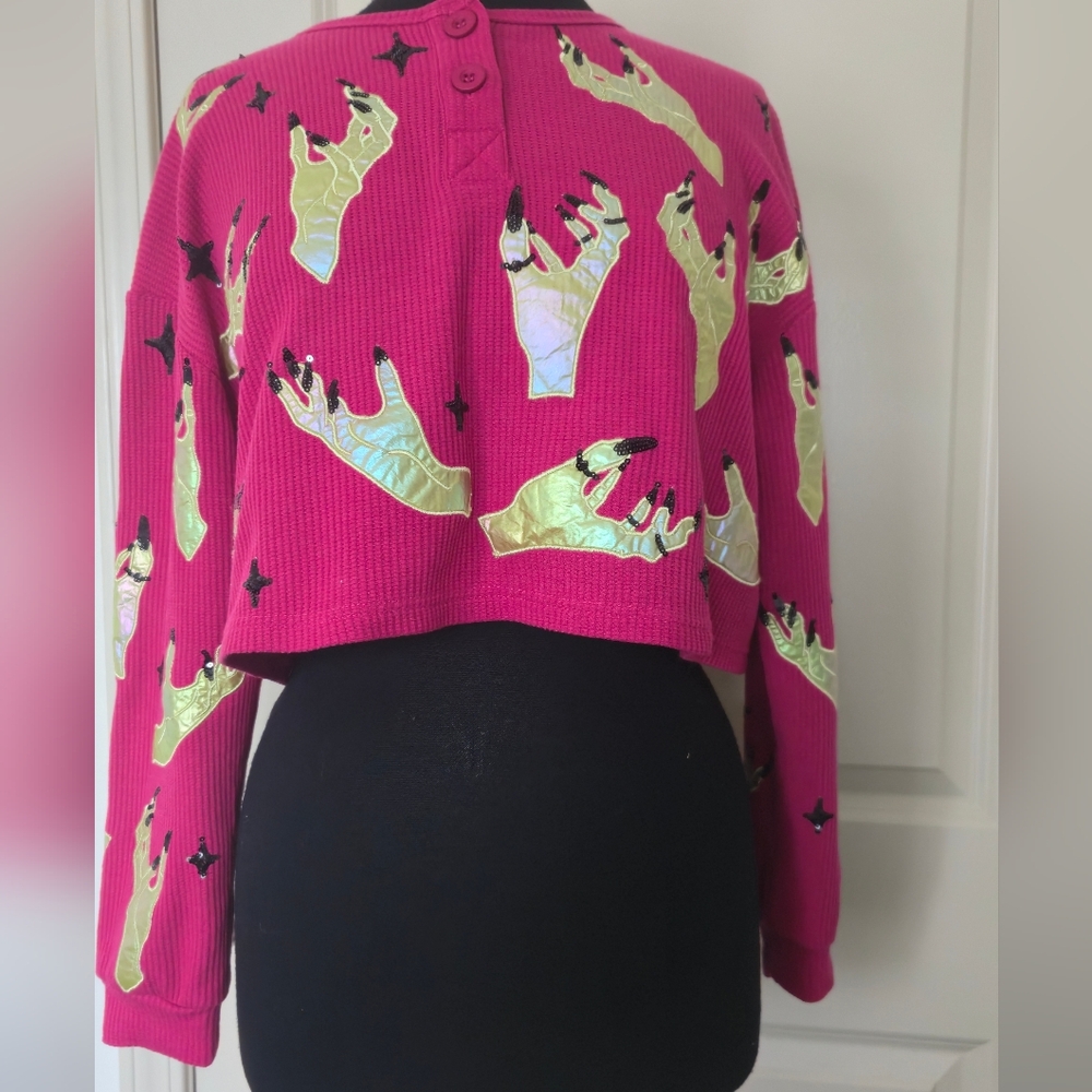 QUEEN OF SPARKLES Hot Pink Cropped Knit Top with Iridescent Gold Hand Appliqués